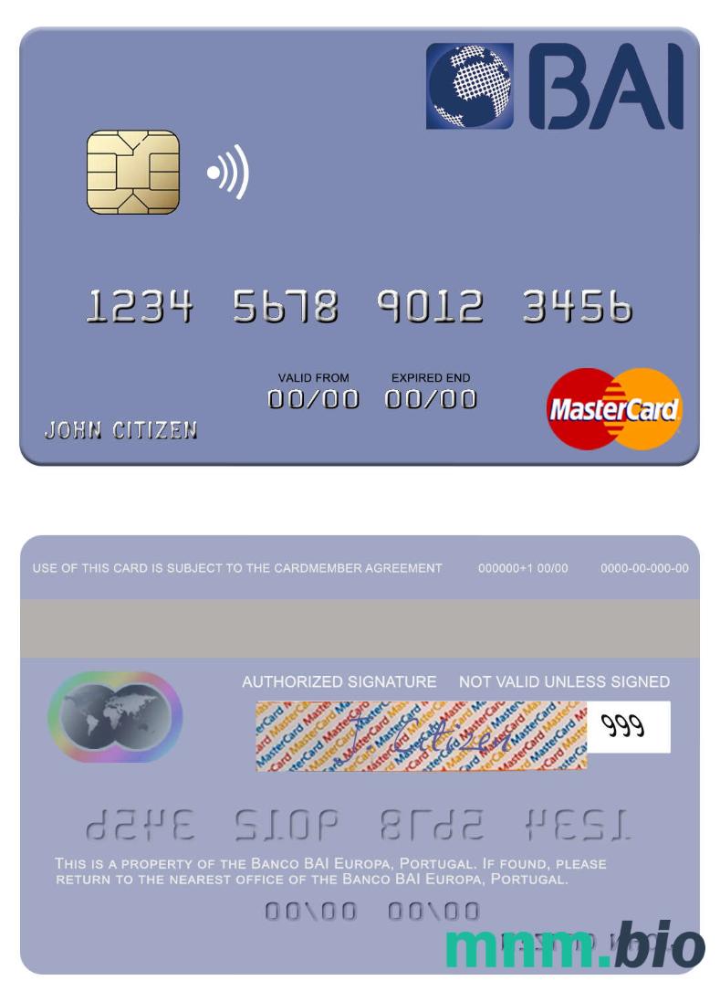 Portugal Banco BAI Europa przykład karty mastercard w formacie PSD